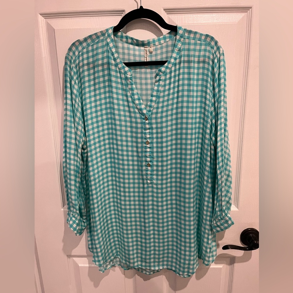 Teal and white plaid blouse top, size XL